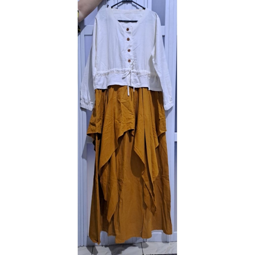 preloved dress gamis wanita muslimah putih kuning mustard