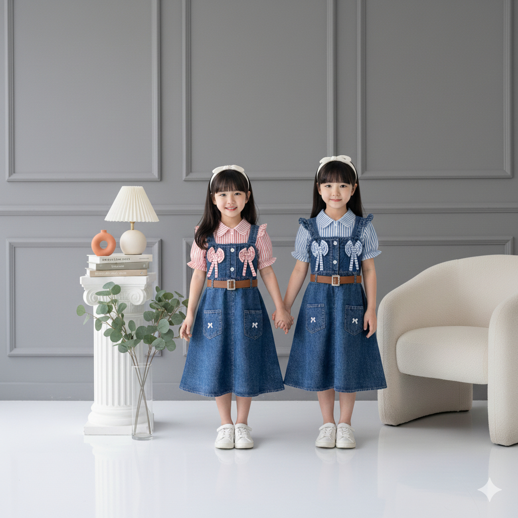 Dress Jeans Anak Perempuan 3-10 Tahun Korea Style MIDI Dress Pita NAYRA Jeans Anak Perempuan Lengan 