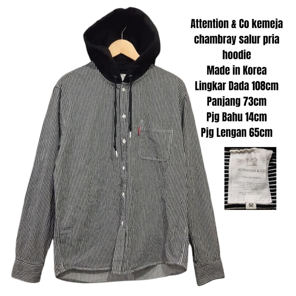 Attention & Co kemeja outer chambray salur pria hoodie