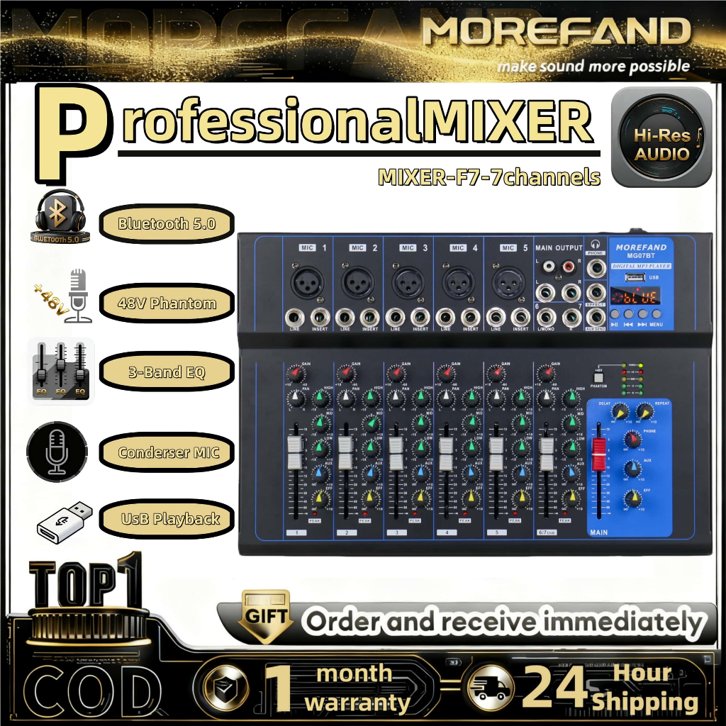 Professional Audio Mixer 4/7 Channel Bluetooth/PC/MP3 with 48V Phantom Power Mini Mixer Audio