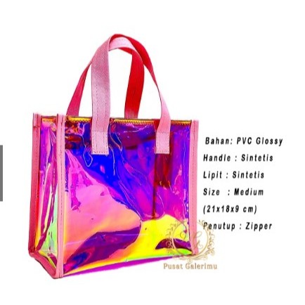 Tas Medium Resleting Zipper PVC Hologram bisa Custom