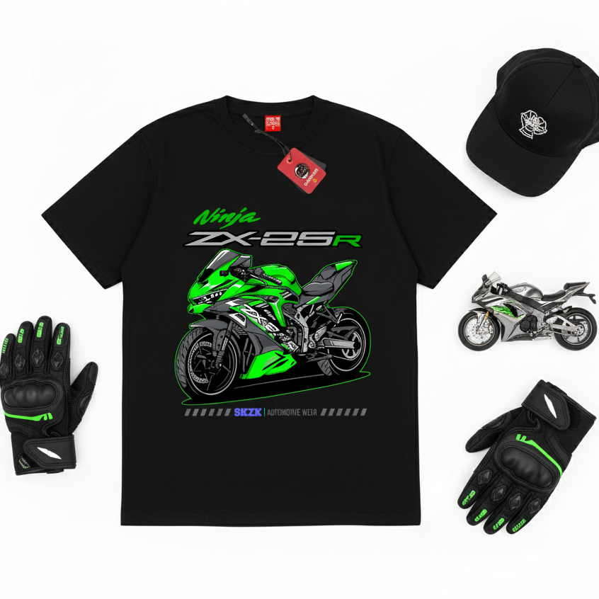 SAKAZUKI Kaos Distro Unisex Motor KAWASAKI NINJA ZX 25 R T-Shirt Otomotif Premium Keren Kekinian