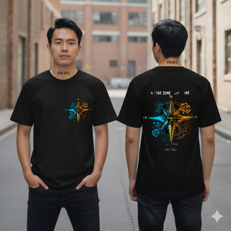 Baju Distro ORIGINAL Hitam Motif COMPAS ZONE T-Shirt Pria Gothic Streetwear Black Edition Kaos Cowok