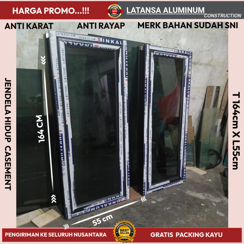 Jendela Aluminium Hidup Ukuran Custom Warna Hitam Kaca Riben
