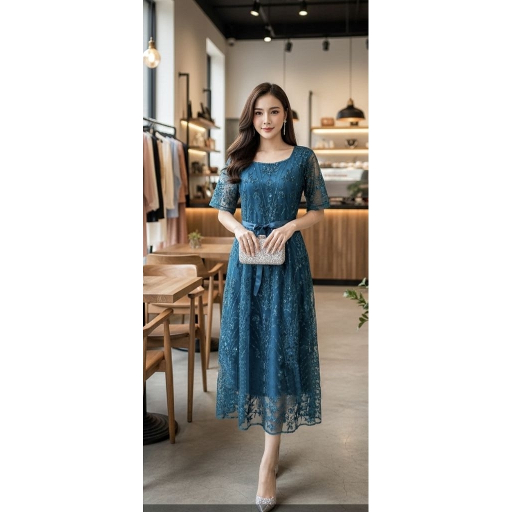 Dress Fashion Natal/ Dress Brokat Natal/ Gaun Natal Fashion Korean style/Gaun Brokat Tile Payet Impo