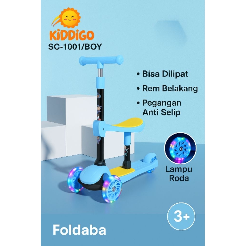 Scooter Anak 3 Roda LED • Bisa Duduk • KIDDIGO 3in1 • Lipat • Rem Belakang • Untuk Anak 3–10 Tahun