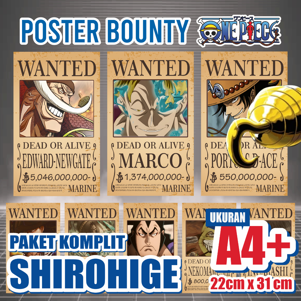 Poster Bounty Shirohige One Piece Wanted Paket Komplit 1 Crew Ukuran A4 untuk Hiasan DInding Kamar