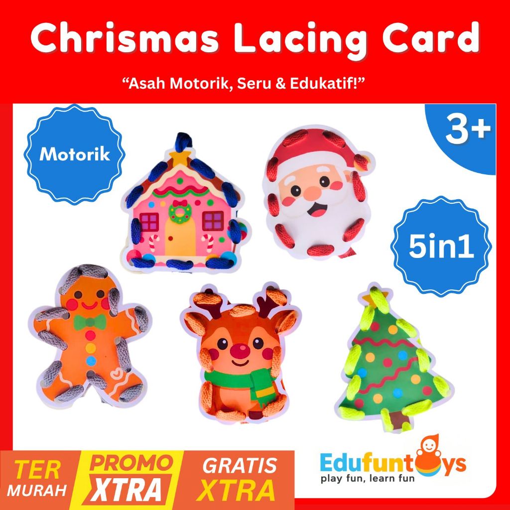 [EDUFUNTOYS] Christmas Lacing Card Set 5in1 – Mainan Lacing Montessori Motorik Anak