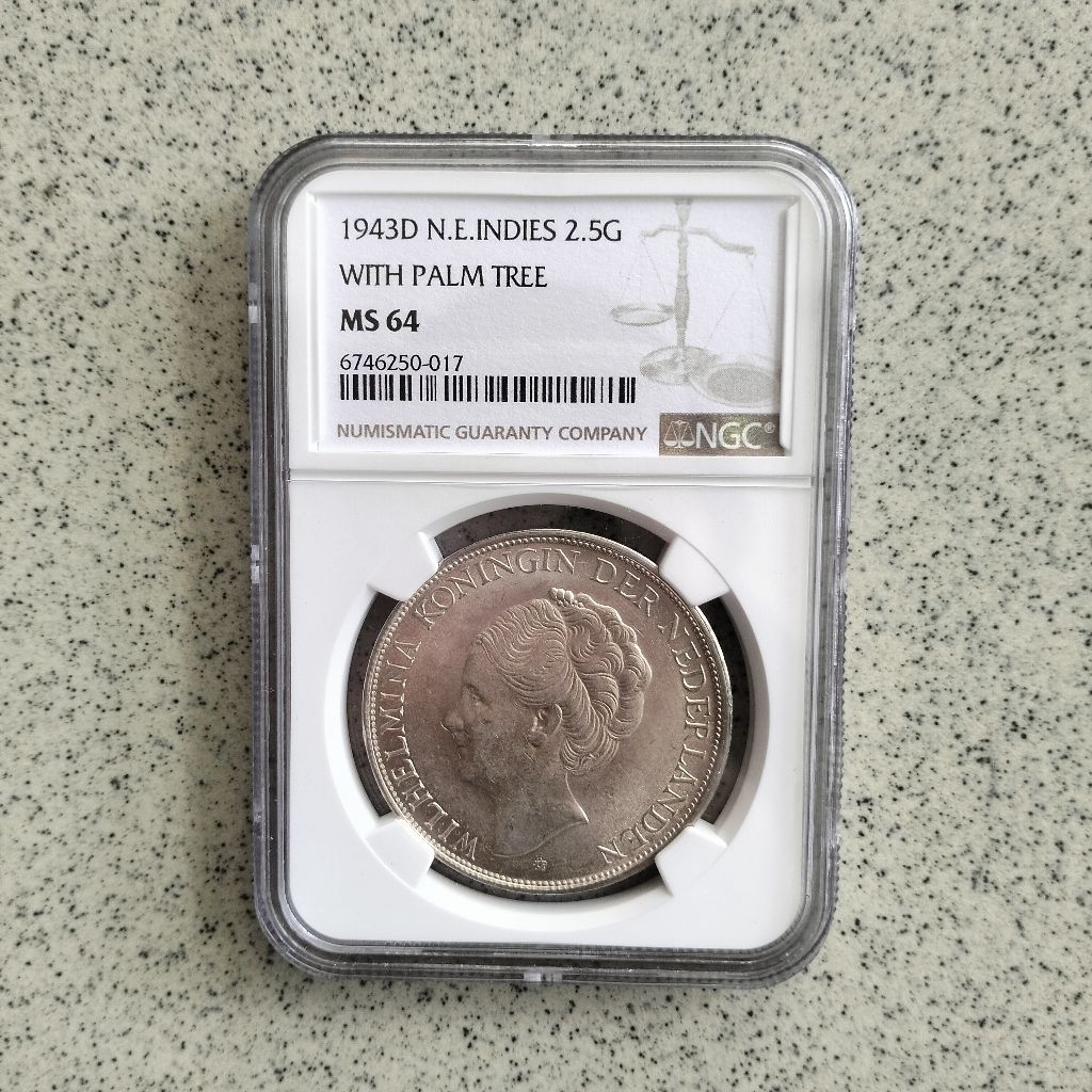 NGC MS 64 Koin Perak 2.5 Gulden Wilhelmina Netherland 1943D Silver Coin