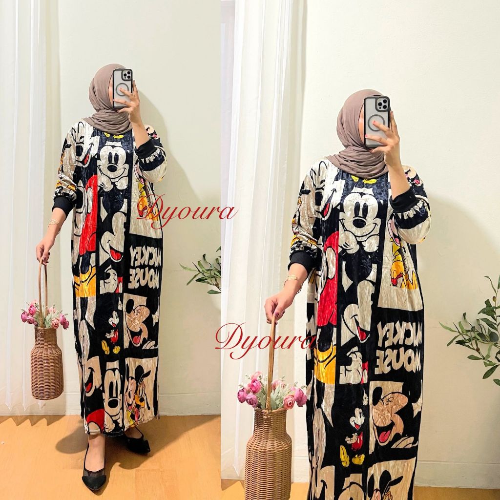 Dress Micky Minie bludru premium Ori BKK / gamis bludru payet printing