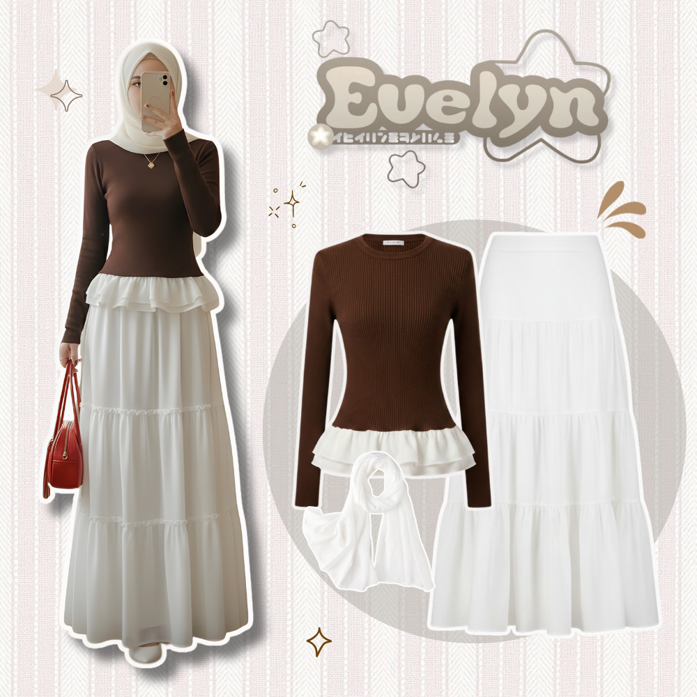 One Set Korean 3in1 Hijab Soso Top Blouse Rok Susun Putih Hijab Bella Square Broken White Outfit Sim