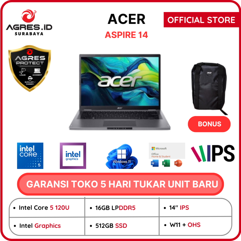 ACER ASPIRE 14 CORE I5 120U 16GB 512GB Windows11+OHS 14.0WUXGA IPS GRY -51M.52V6