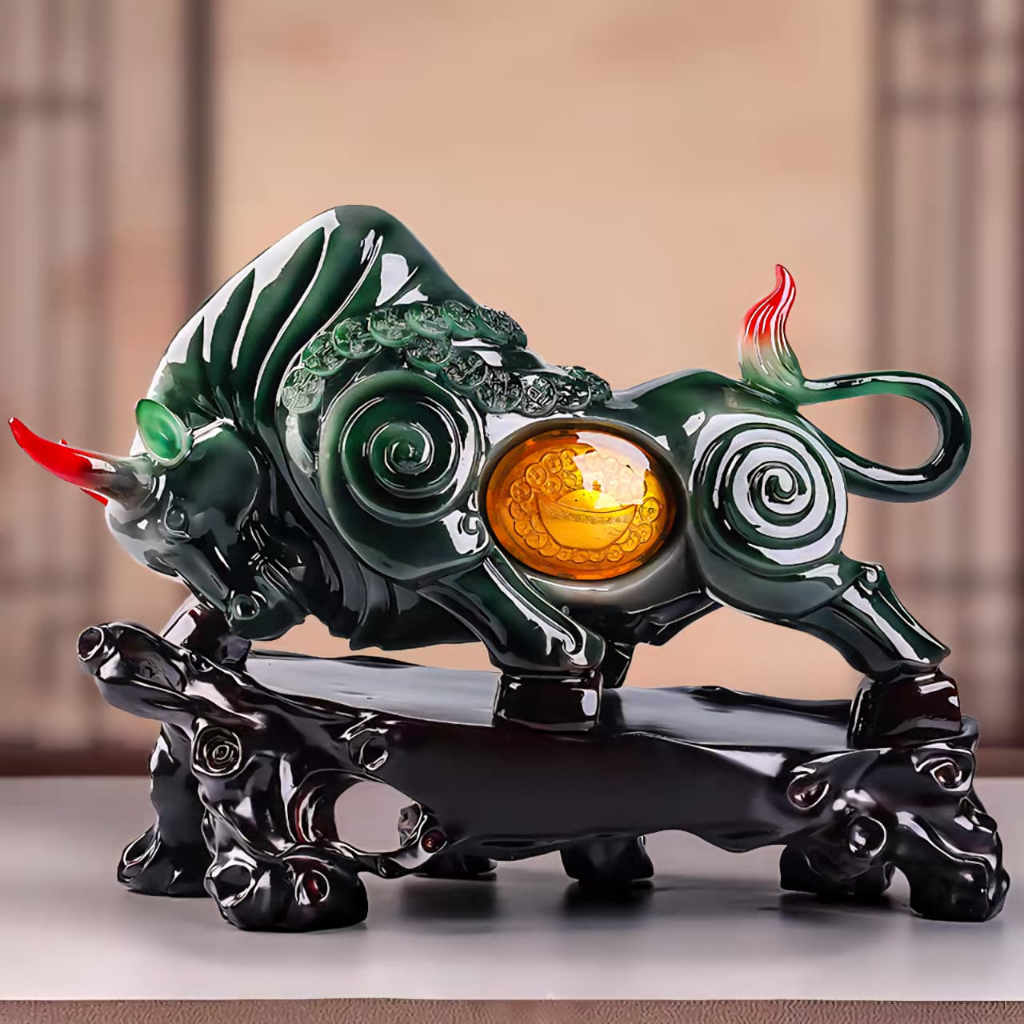 35cm Patung Emas Shio Kerbau Giok Emas Yuanbao Fengshui / Pajangan Shio Kerbau Kayu / Dekorasi Rumah