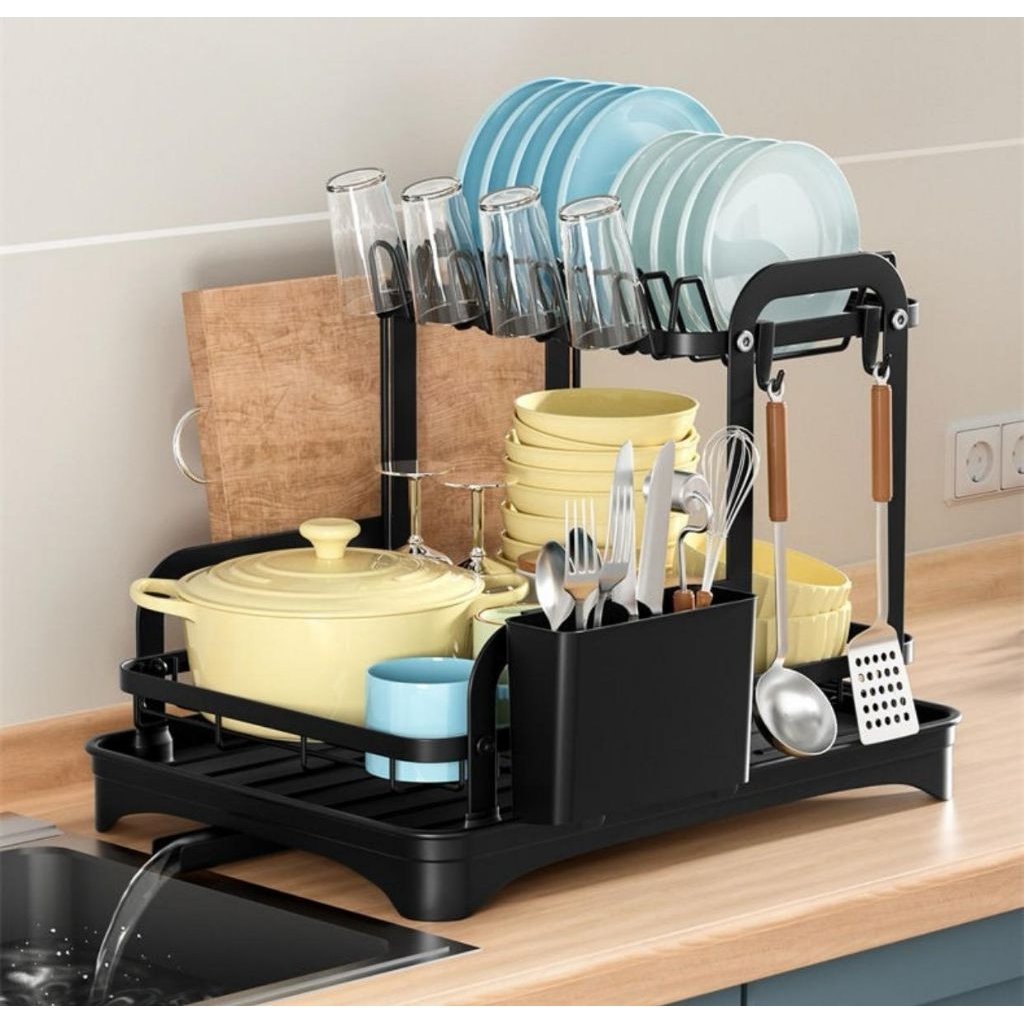 Rak Dapur Piring Nordic Gagang Kayu Elegan Estetik / Rak Cuci Piring Nordic