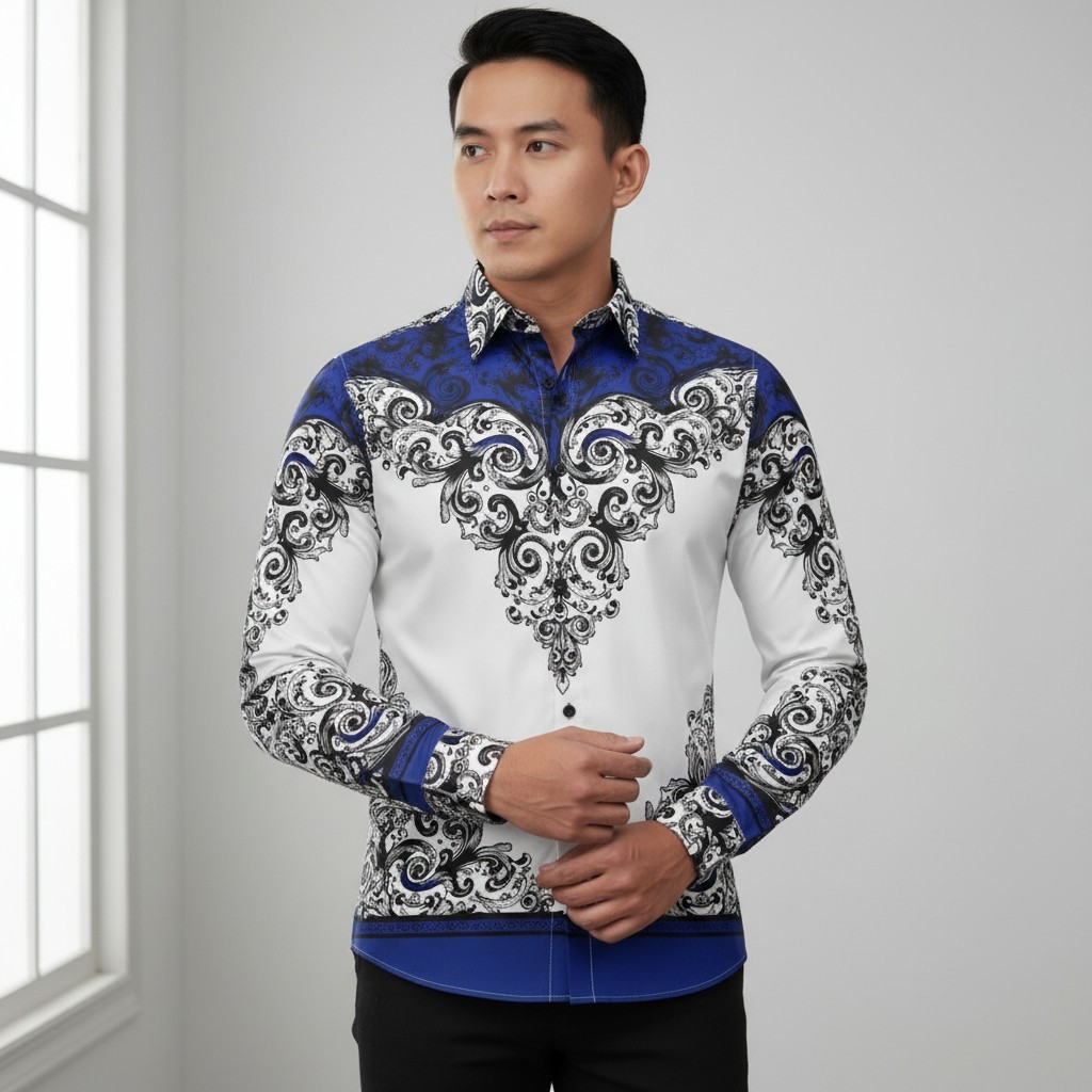 Batik arwinda Rimllya Blue Kemeja batik lengan panjang pakai puring