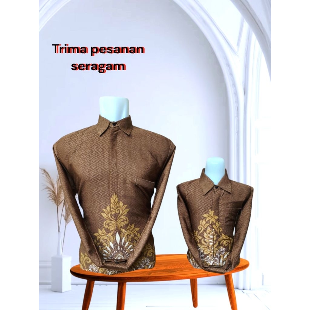 Kemeja Batik Couple Ayah & Anak Lengan Panjang JUAL terpisah Warna COKLAT Moka golden motif kembang 