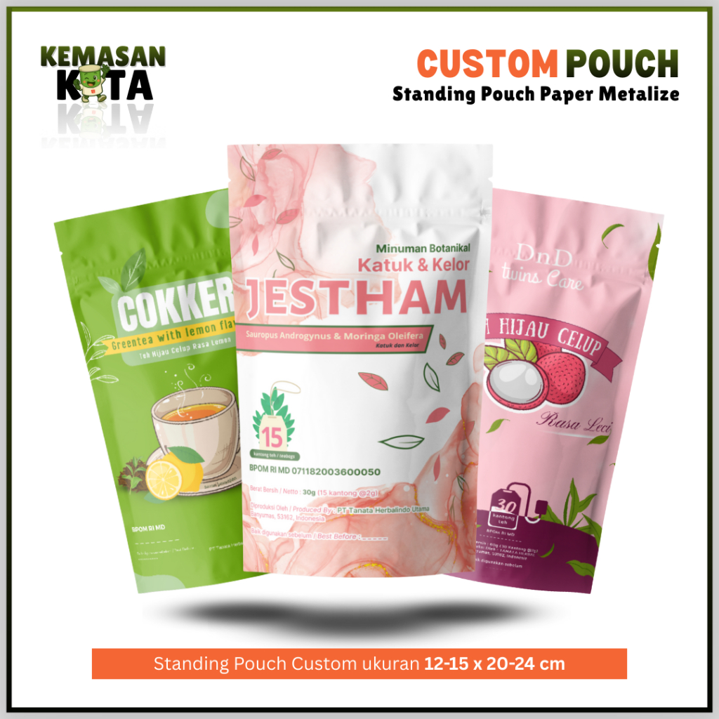 Kemasan Standing Pouch Paper Metalize Custom Full Printing Ukuran 12-15 x 20-24 cm FREE Design NON Z