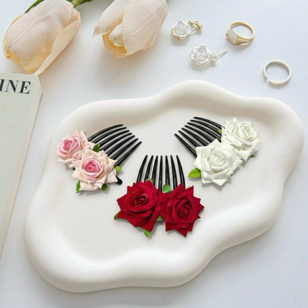 Sirkam Rambut Bunga Mawar Beludru | Tusuk Konde Mawar | Aksesoris Rambut Mawar | Aksesoris Rambut Ka