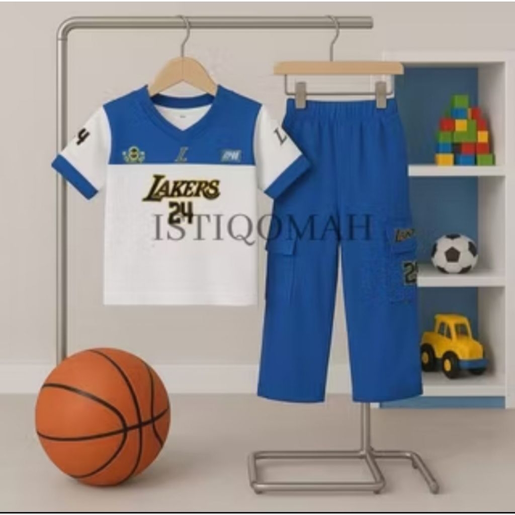 Setelan Jersey Anak Usia 3-12 Tahun Motif Bola Basket - Stelan Olahraga Anak Lengan Pendek Celana Pa
