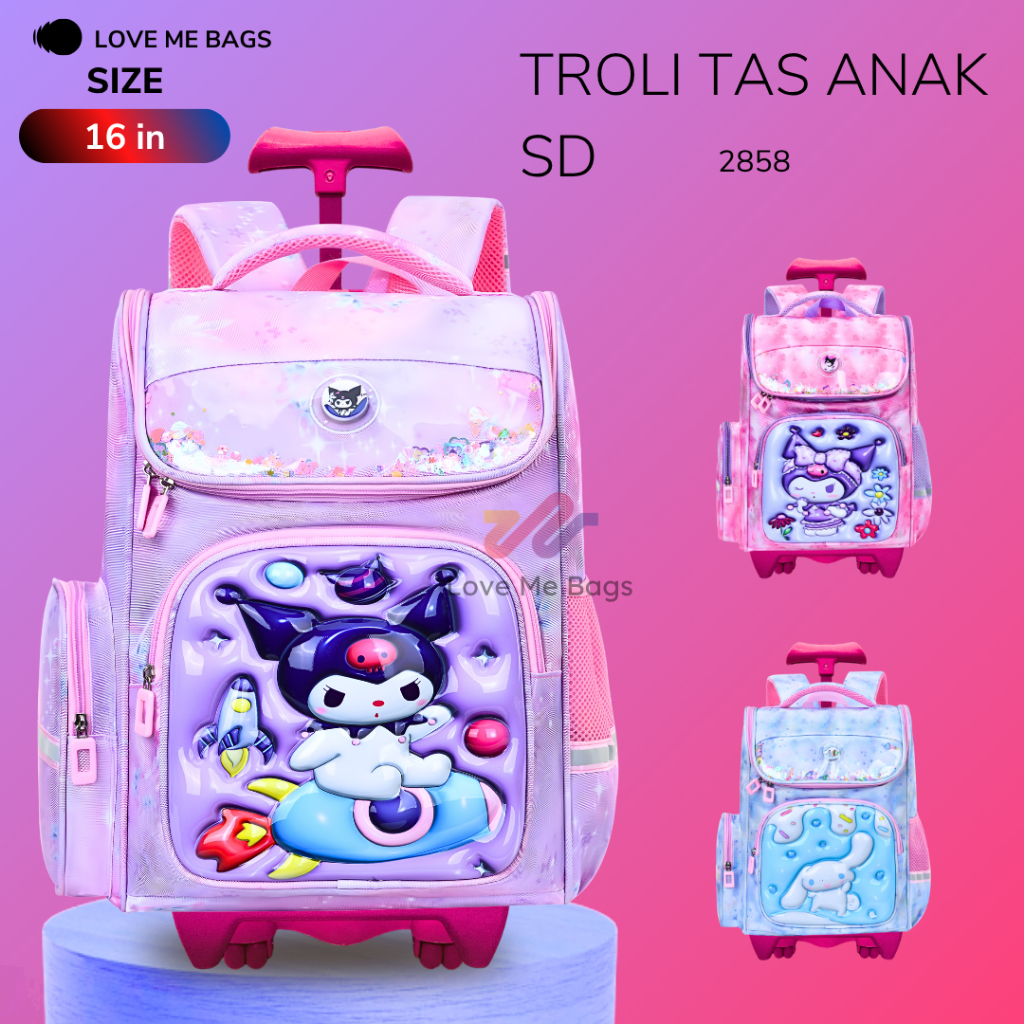 LMB Tas Troli Anak Sekolah Perempuan SD Ukuran 16 Inch Bahan Import Karakter Kartun Lucu Kuromi Bagi