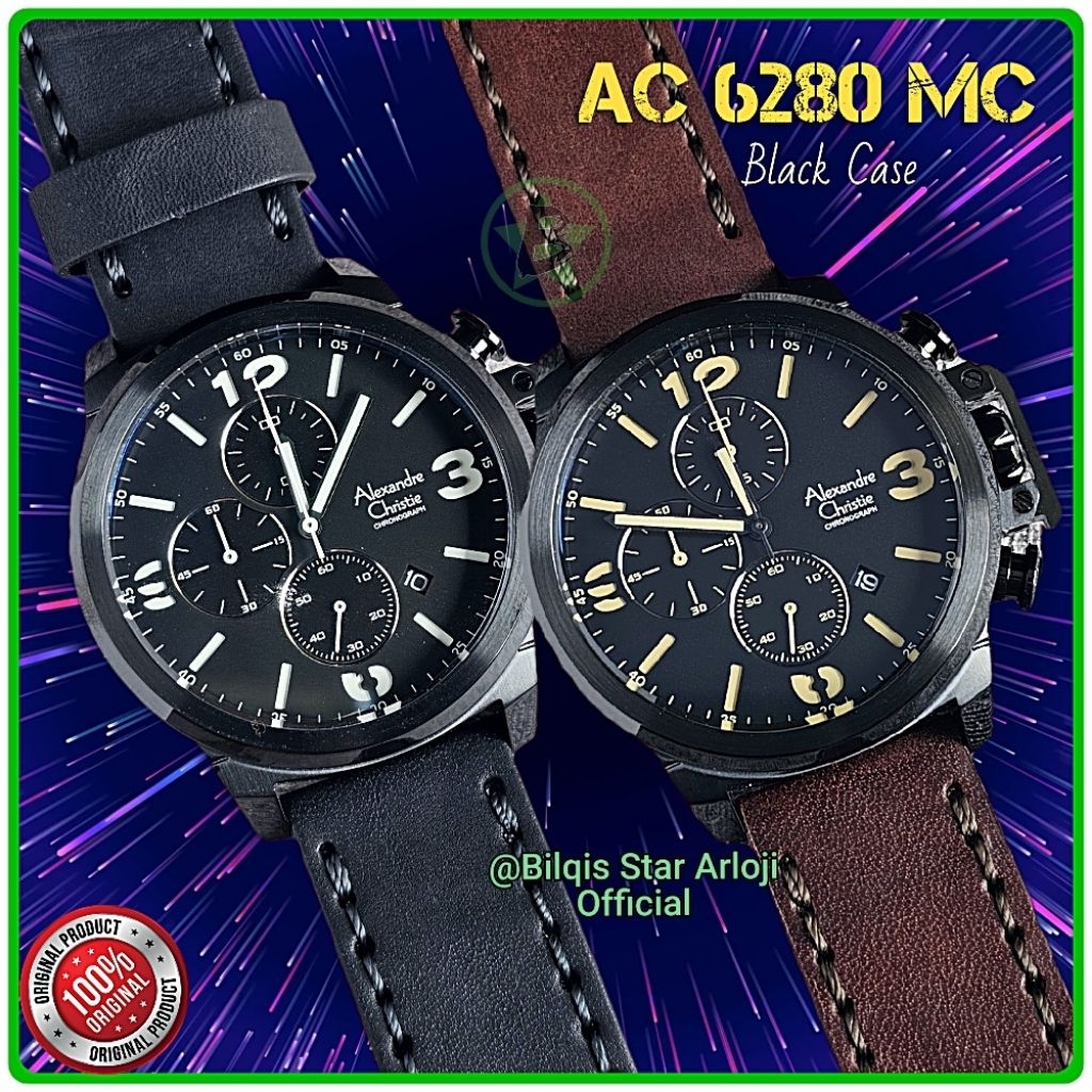 Alexandre Christie Pria Ac 6280 Mc Case Hitam Tali Kulit Original