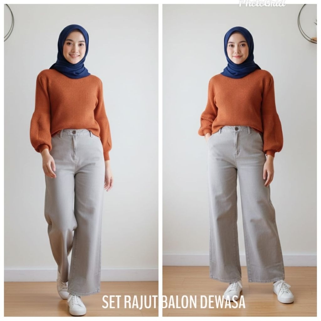 Setelan Rajut Balon Dan Bawahan Celana Jeans Model Kulot Wanita Dewasa