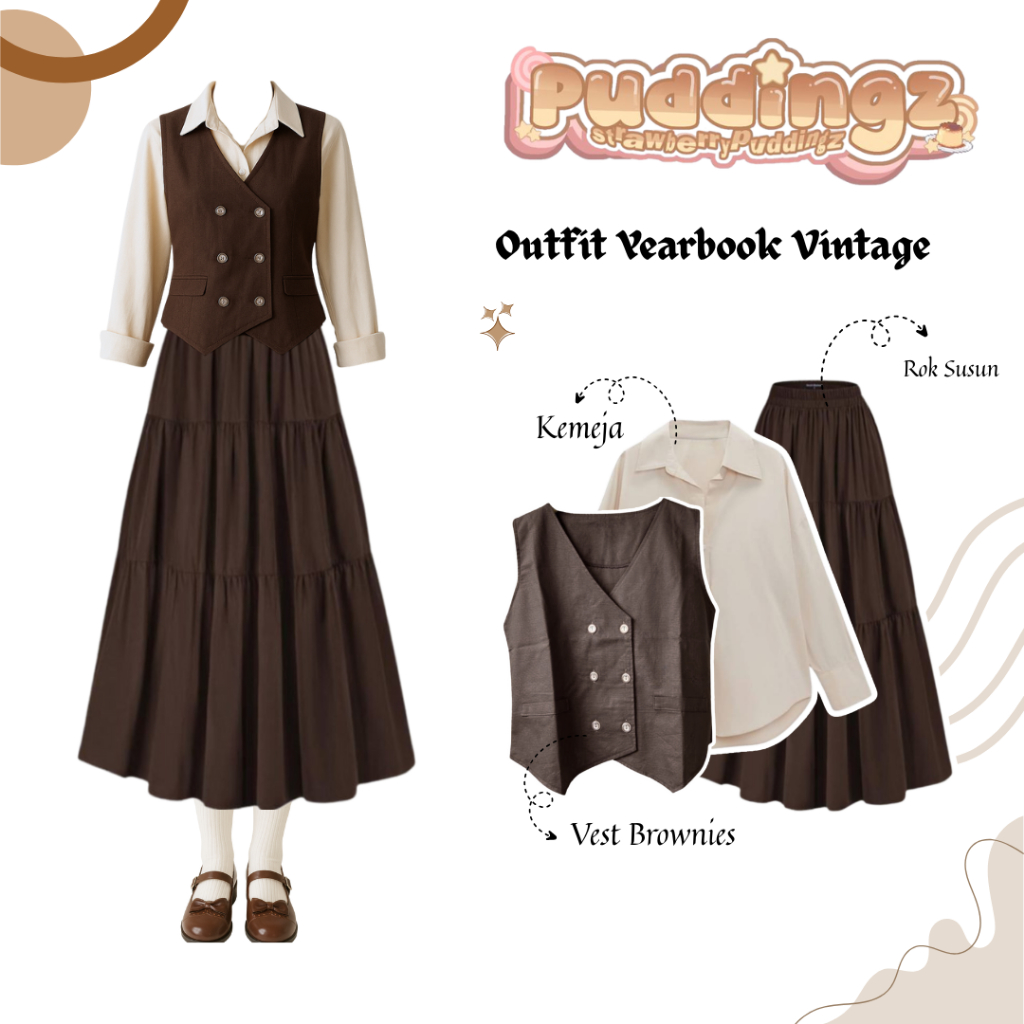 Yumi Set Outfit Dark Academia ( Vest Brownies + Kemeja + Rok Susun ) One Set Yearbook Wanita -D32