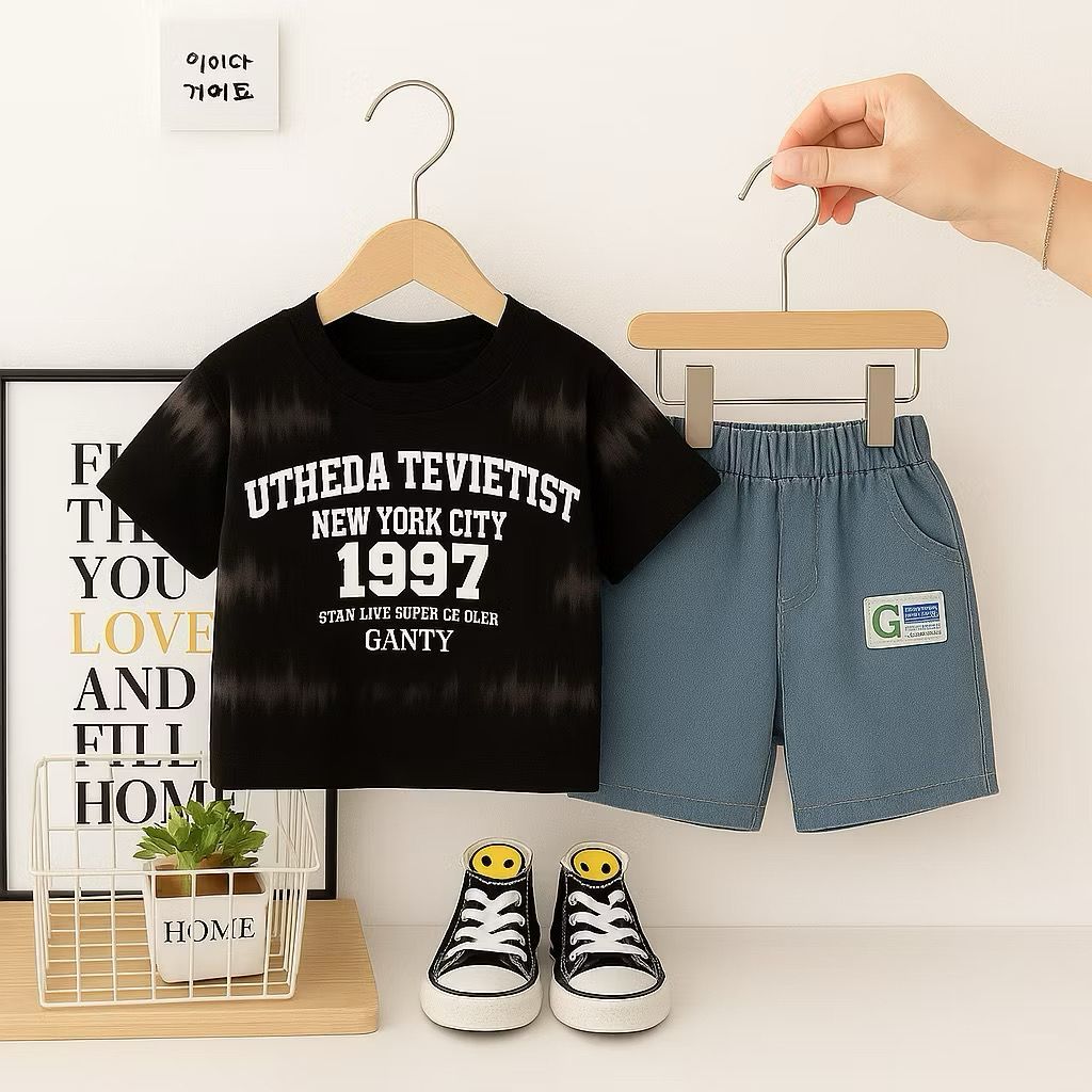 Baju Setelan Anak Cowok Kaos Printing 1997 + Celana Denim Pendek Usia 1-5 Tahun