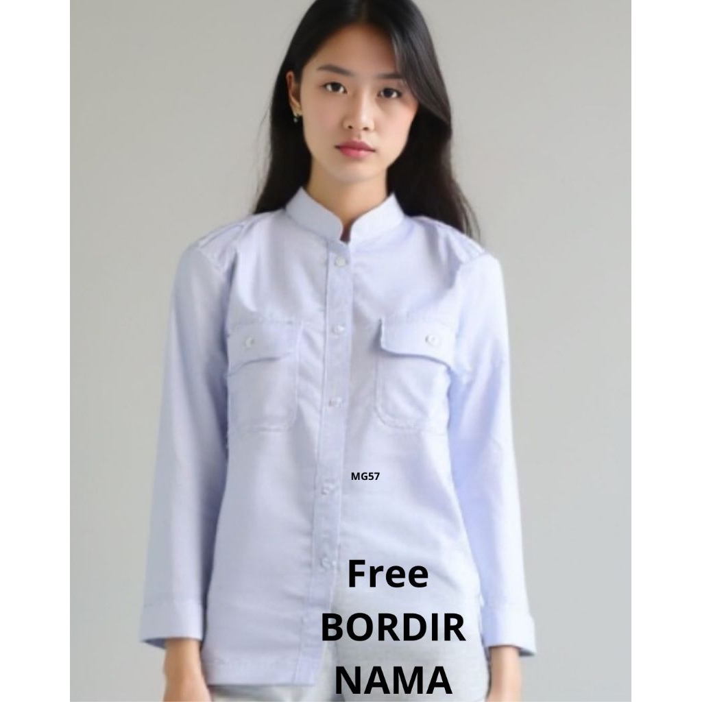 Baju pdh putih wanita kerah sanghai lengan panjang free nama
