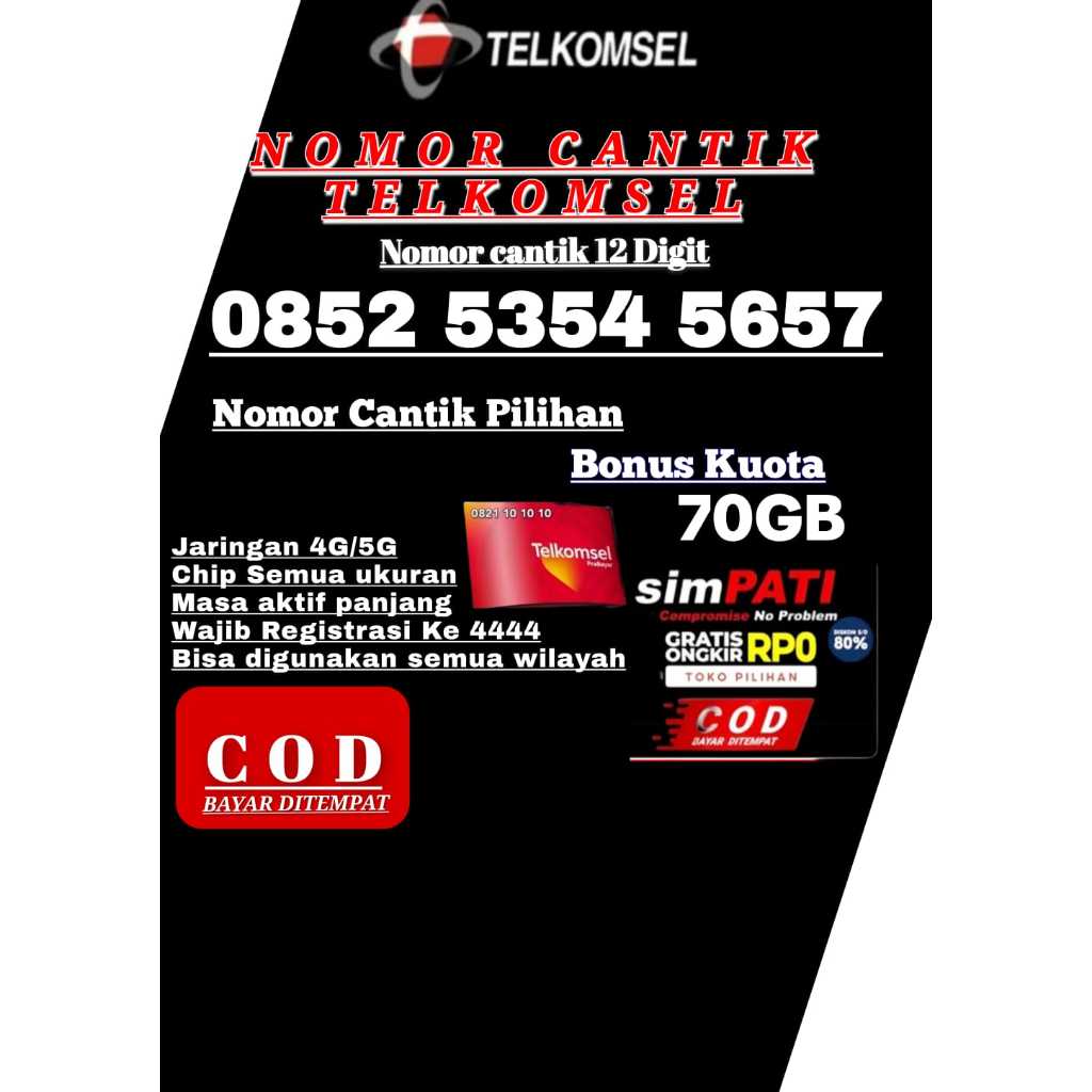 KARTU PERDANA TELKOMSEL NOMOR CANTIK TELKOMSEL 12 DIGIT FREE KUOTA 70GB JARINGAN 4G/5G