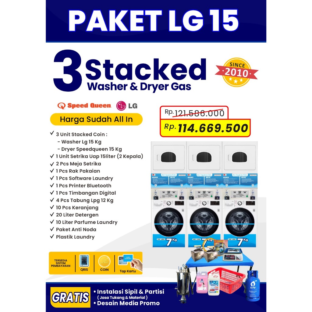 PAKET USAHA LAUNDRY COIN SEL SERVICE QRIS Mesin Laundry Koin 3 STACK