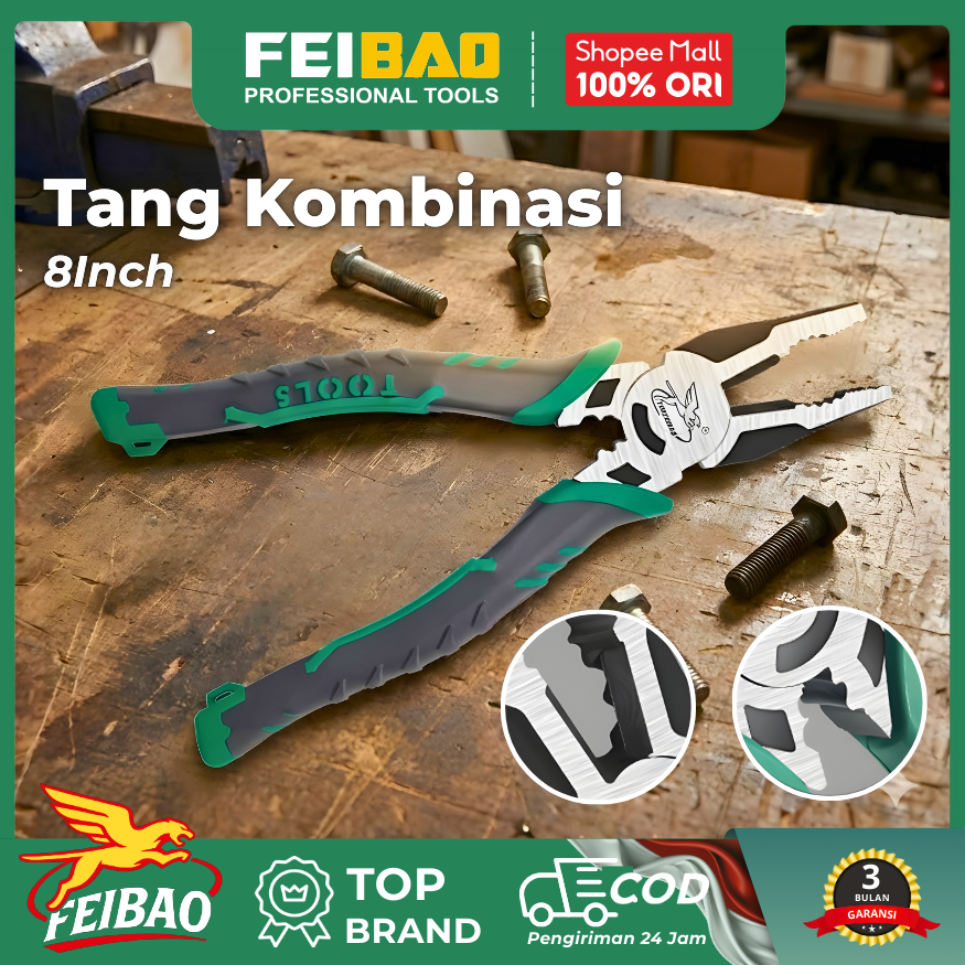 FEIBAO Tang Serbaguna Kombinasi 8 Inch 200mm Kuat Awet untuk Potong Kabel Jepit dan Perbaikan