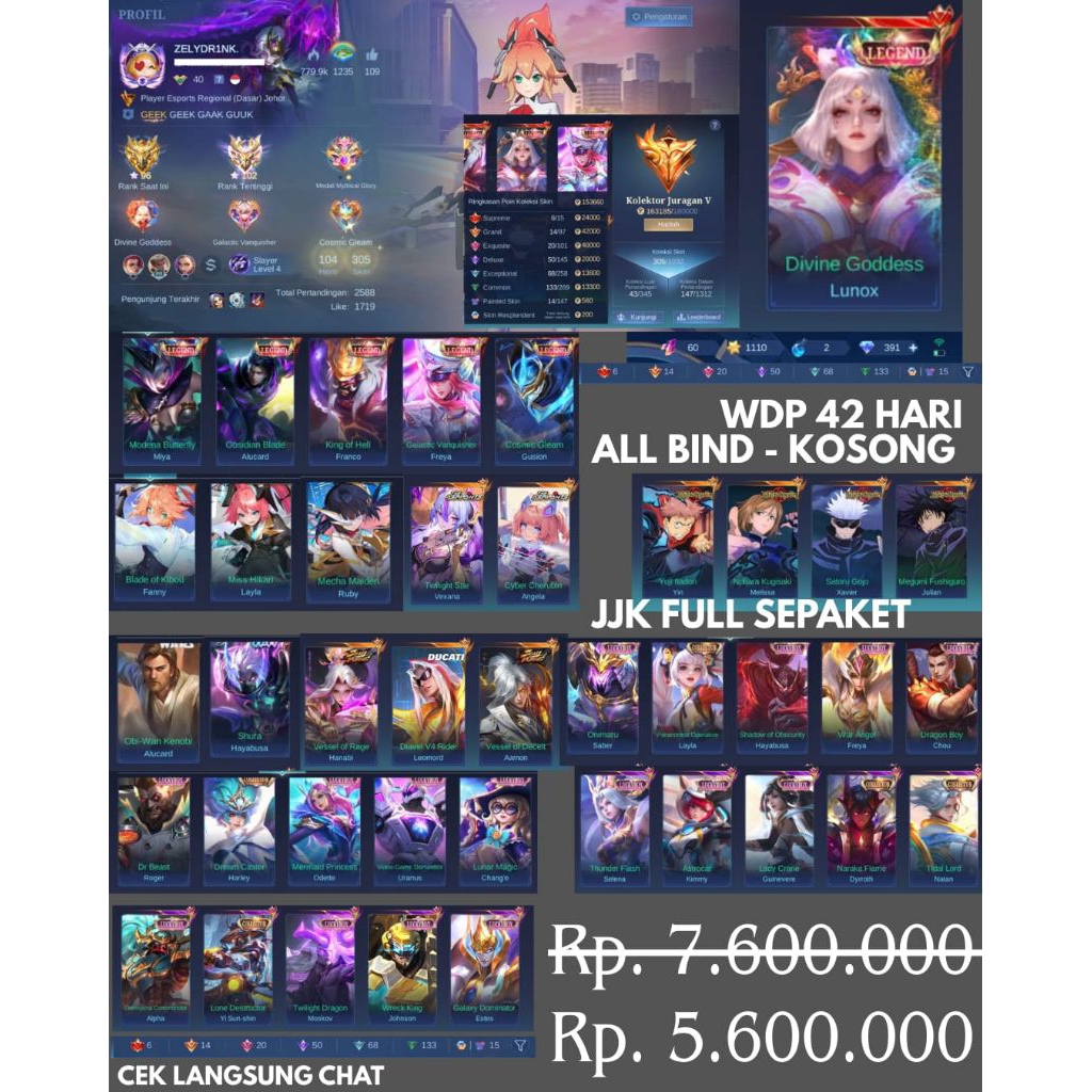 Pelayanan ML Akun Juragan Full Jujutsu Kaisen sepaket, 6 Legend, 5 Aspirant, dll.