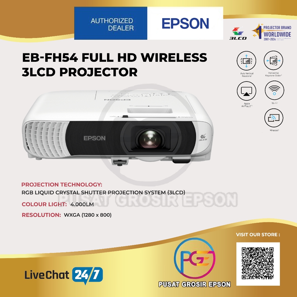 Epson Proyektor EB-FH54 EB FH54 EBFH54 WiFi Wireless 4.100 Lumens Full HD Pengganti EB-FH52 EBFH52 F
