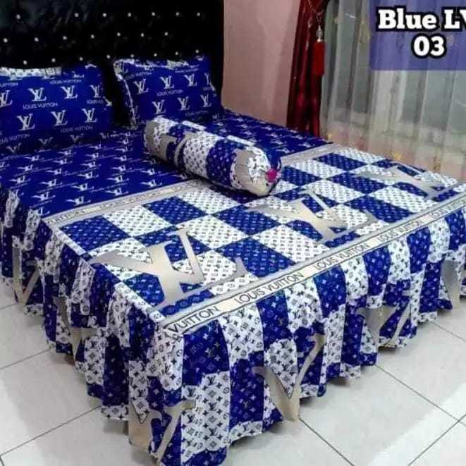 Sprei Rumbai Lv biru King/Queen/Double/Single Bahan katun Free 2 sarung bantal 2 sarung guling