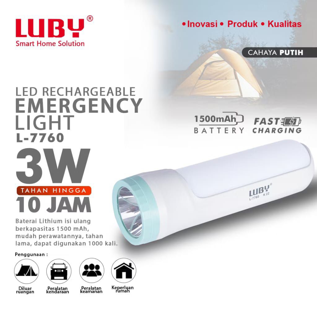 Luby L-7760 3W Lampu Senter Emergency LED Rechargeable | Lampu Darurat + Senter Cas Luby 3 Watt | Ta