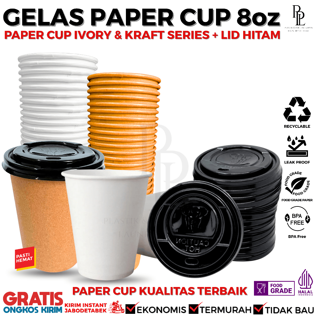 Paper Cup Tebal 8oz Tahan Panas | Paper Cup Kraft dan Ivory + Tutup Gelas Lid Paper Cup  | Gelas Ram