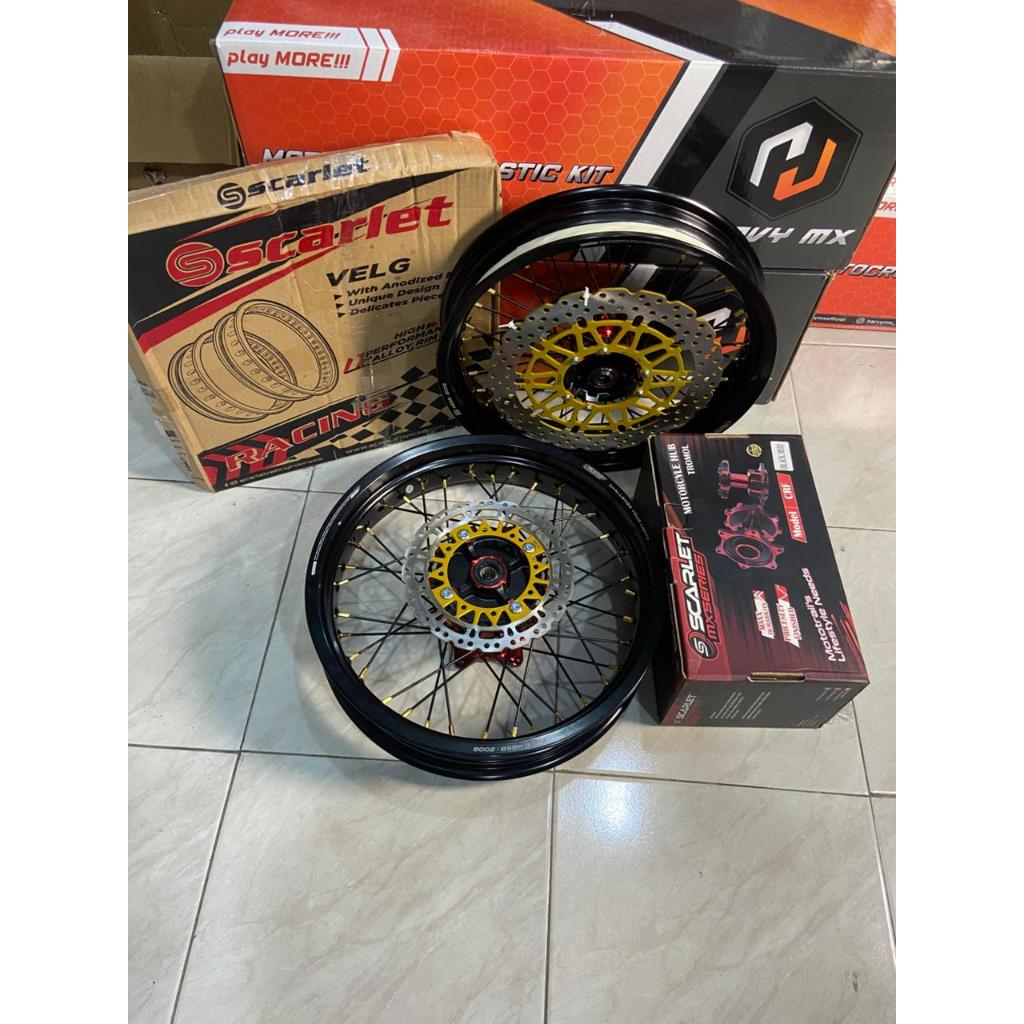 Wheelset Supermoto CRF Scarlet 300/350 Tanpa Ban Plus Disc Lebar 320mm Ring 17