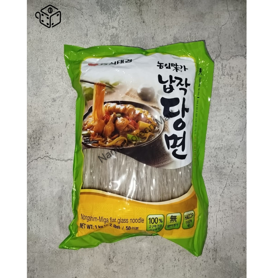 Nongshim Miga Glass Noodle Flat 1kg / Glass Noodle / Vermicelli / Bihun Korea / Bihun Lebar Korea