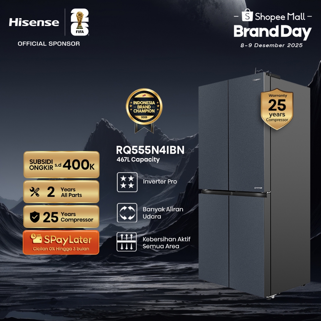 Hisense Kulkas RQ555N4IBN Refrigerator 4 Pintu Kapasitas 468L Warna Hitam Inverter Pro 360 Derajat M