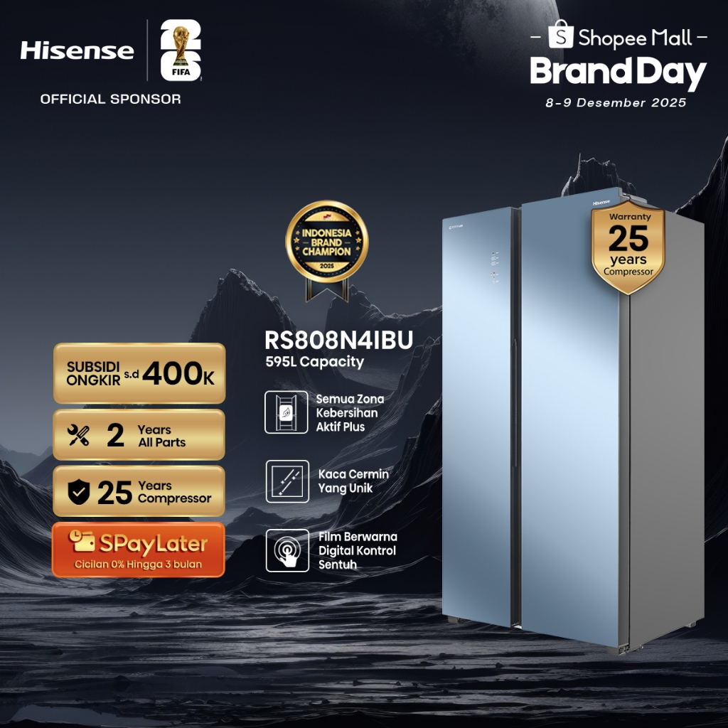 Hisense Kulkas RS808N4IBU Refrigerator Side By Side Kapasitas 666L Warna Bening Inverter Pro Tanpa B