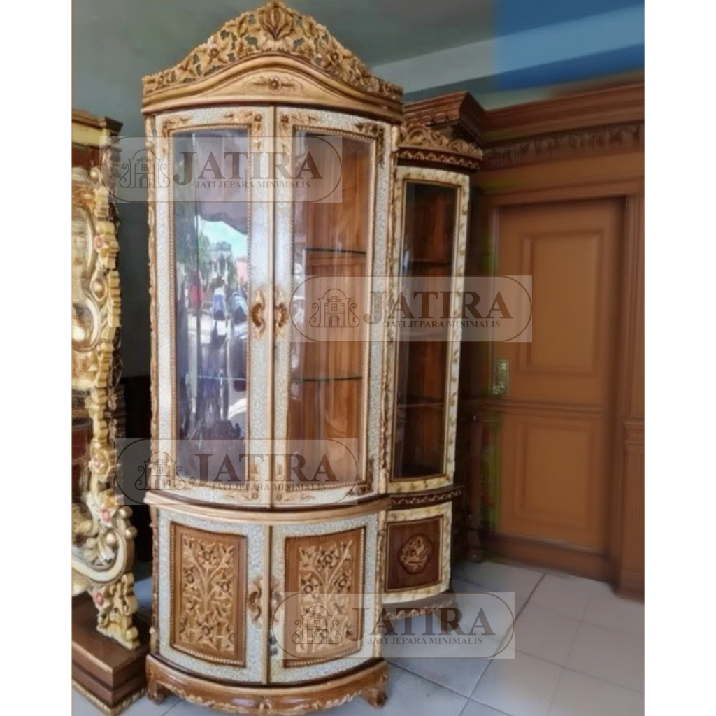 Lemari Sudut Hias Jati Ukir Anggrek | Lemari Kaca Sudut Jati Jepara Asli Murah Palembang