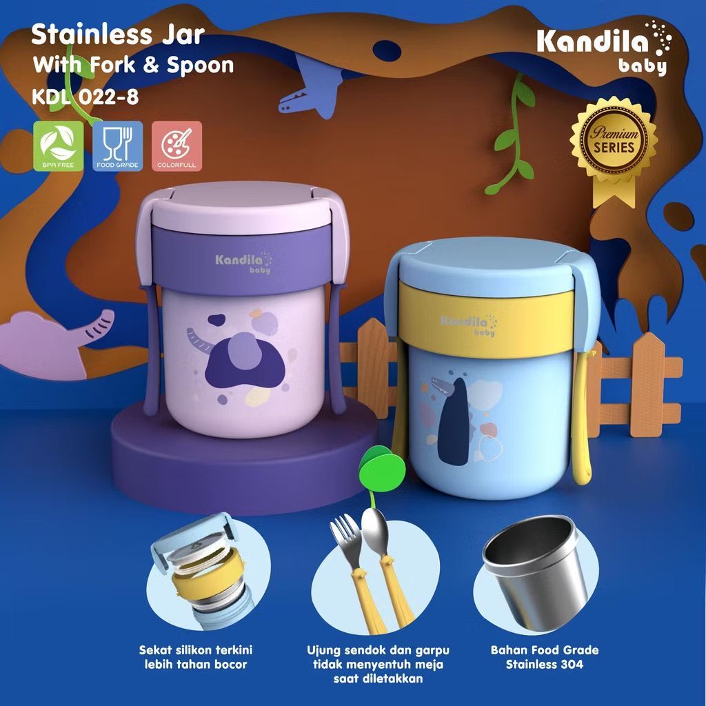 KANDILA BABY STAINLESS JAR WITH FORK & SPOON 650ML KDL 022-8 / SET MAGKOK TEMPAT SUP PORTABLE