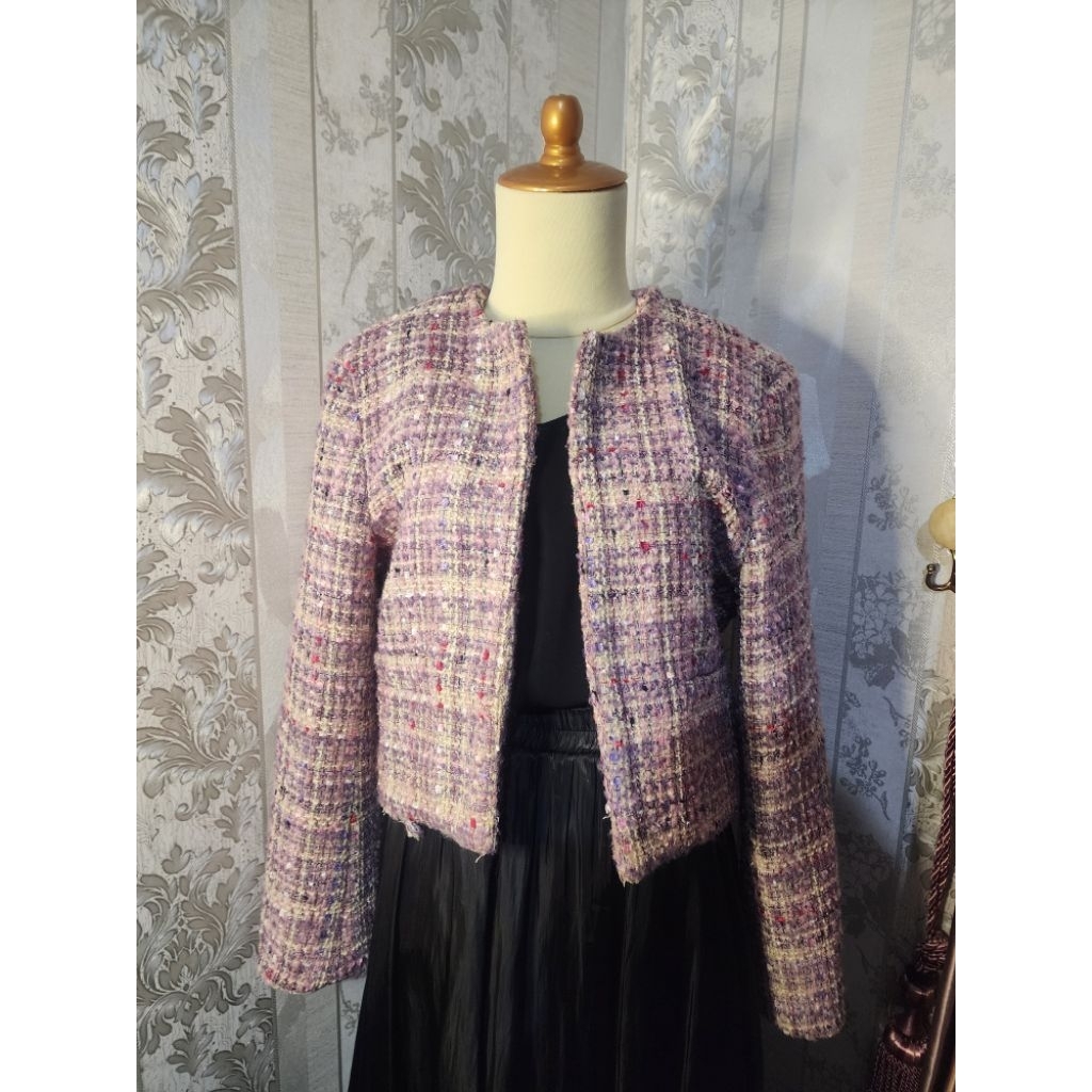 Blazer Crop Tweed Pink Ungu