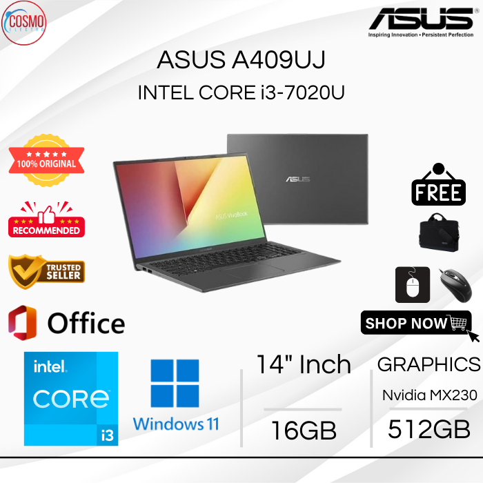 ASUS A409UJ INTEL CORE i3-7020U (Nvidia MX230) | 16GB RAM 512GB SSD | 14 INCH WINDOWS 10 + OFFICE | 