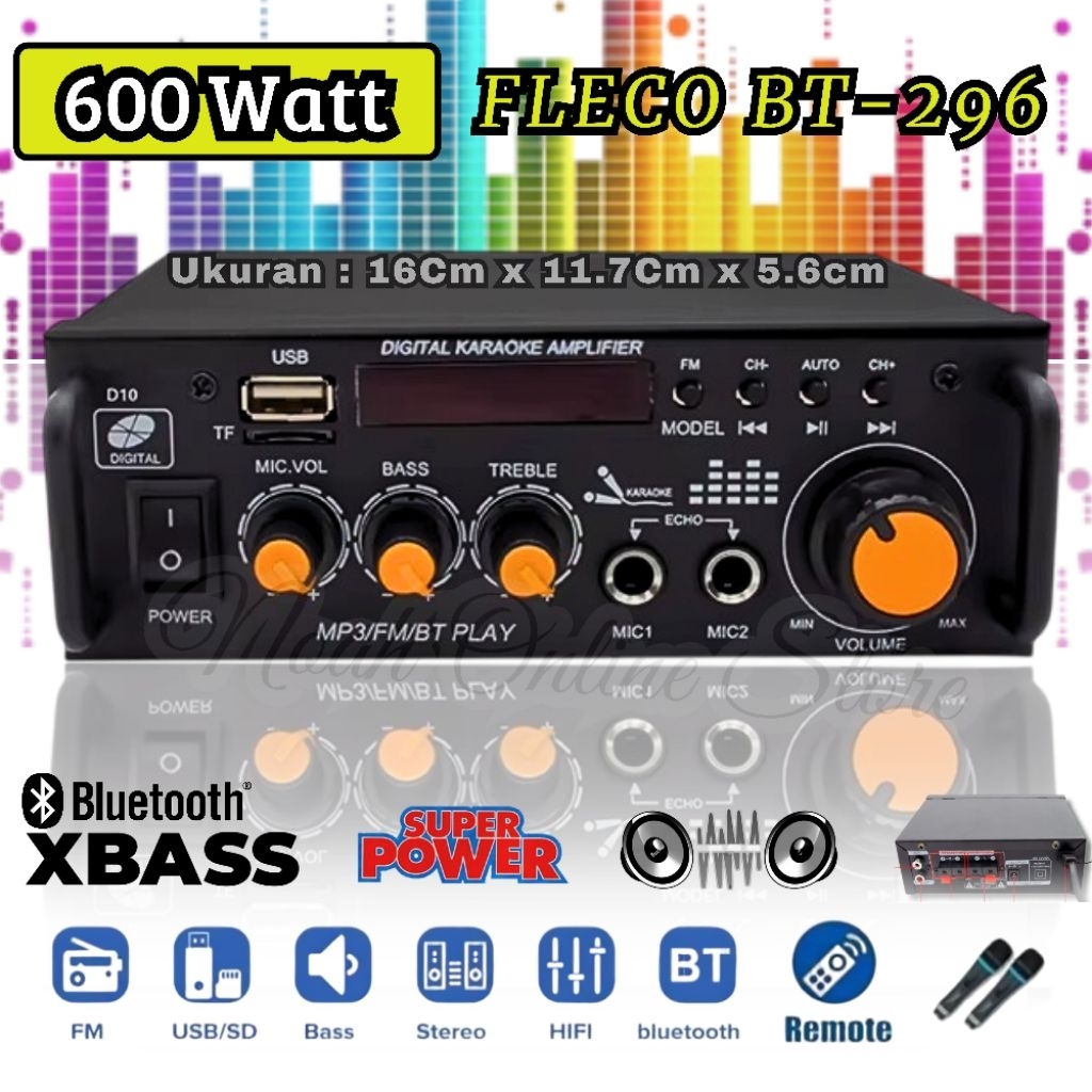 Power Amplifier 300W+300W Fleco BT-296 Amplifier Karaoke Ampli Mobil Amplifier Bluetooth Karaoke Amp