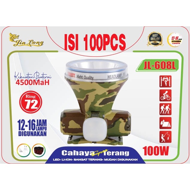 Senter Kepala Jinlong 100W Jl-608L super terang cahaya putih tahan hingga pemakaian 12-16 jam dengan