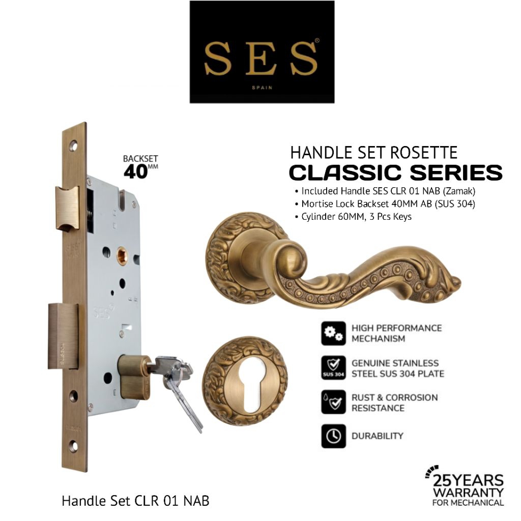 PAKET BUNDLING Handle SES CLR 01 NAB (R) + Body Kunci SES S2030 - 40 MM AB Sus 304