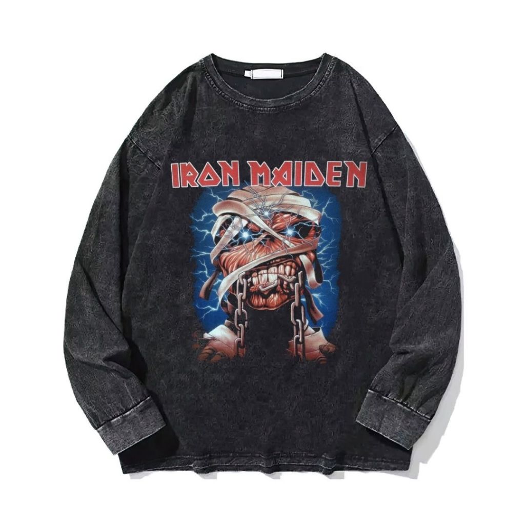 Kaos Long Sleeve Oversize Iron Maiden | Stone Wash | Resmora | Vintage | Atasan | Kaos Band