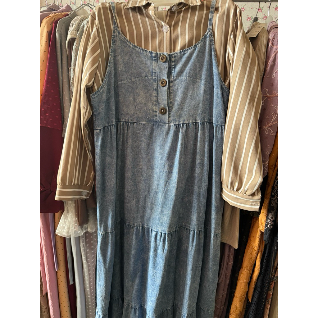 Baju gamis jeans overal atasan kemeja salur